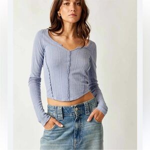 Free People size XL Eyes on You Pointelle Long Sleeve Tee Blue Bella Swan Top